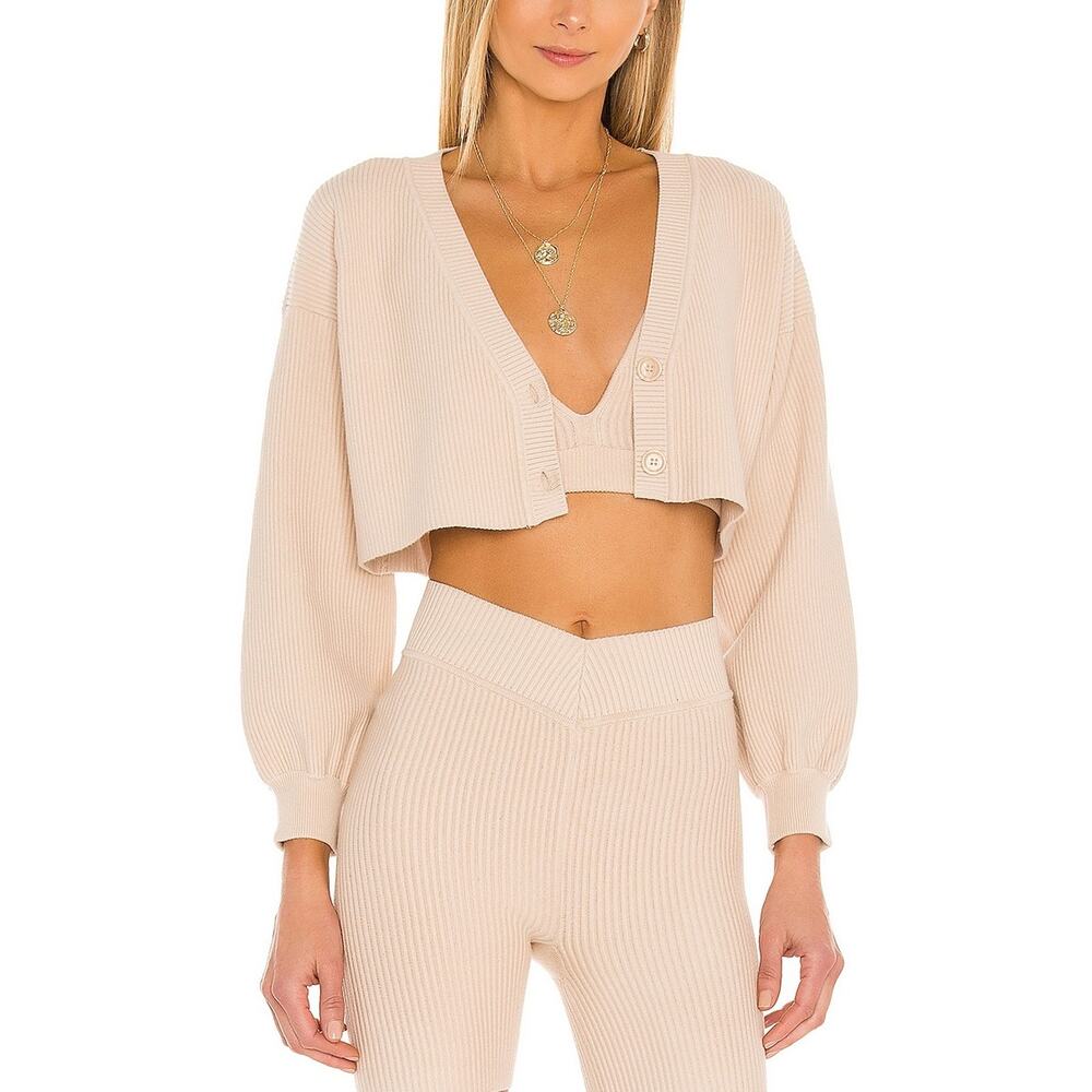 Lovers And Friends Tan Cotton Cropped Ribbed Cardigan Size S